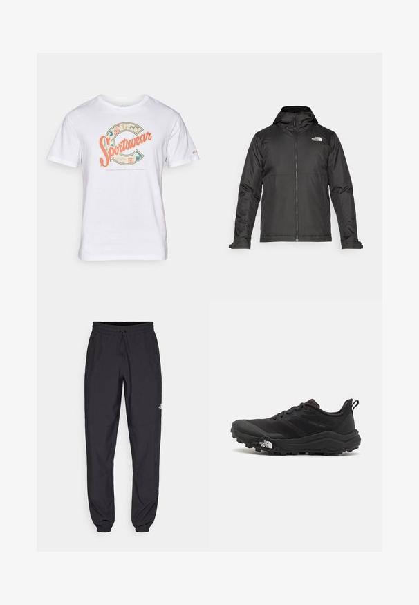 Svart zip-up jacka med huva, tillverkad av mjukt tyg. Funktionen inkluderar en logotyp på bröstet och justerbara ärmslut för en tät passform.; Vit bomull t-shirt med en flerfärgad "Sportswear" grafisk design med geometriska mönster och detaljer, rund halsringning och korta ärmar.; Svarta träningsbyxor tillverkade av lättviktsmaterial, med dragsko i midjan, sidofickor och avsmalnande muddar vid anklarna.; Svart terränglöparsko med en strukturerad ovandel, gummisula och förstärkt tåhätta. Har en vadderad krage och en dragflik för enkel påtagning.