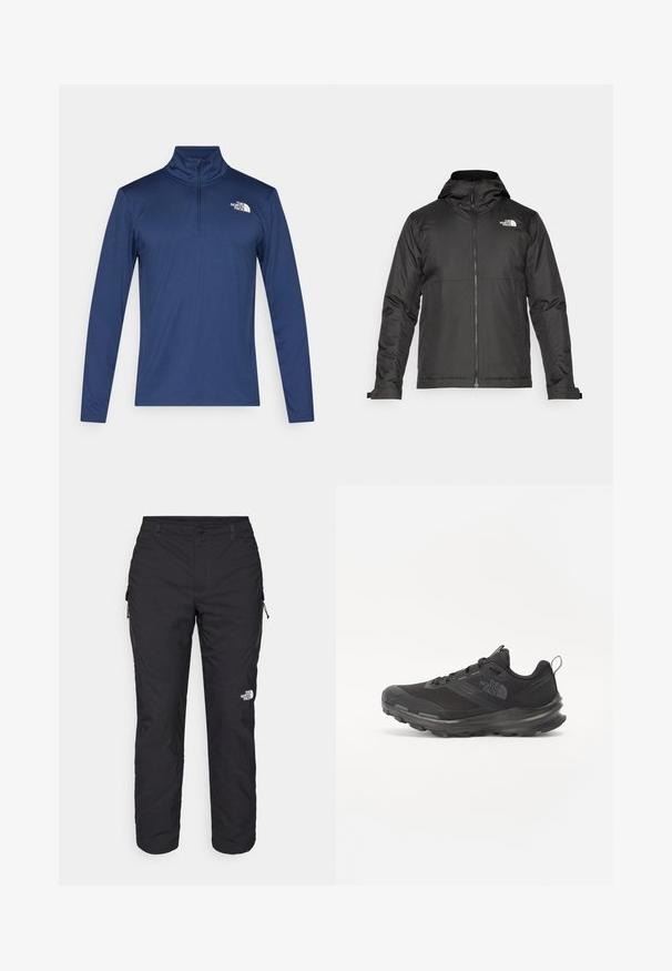Svart zip-up jakke med hette, laget av glatt materiale. Har et logo på brystet og justerbare mansjetter for en tett passform.; Marineblå langermet genser med halv glidelås og liten hvit logo på brystet. Myk stoff med en glatt tekstur, designet for trening.; The North Face WINTER EXPLORATION TAPERED CARGO - Friluftsbukser - black; Svart treningssko med mesh-overdel, gummiyttersåle og polstret krage. Har snører, logo på siden og et teksturert design.