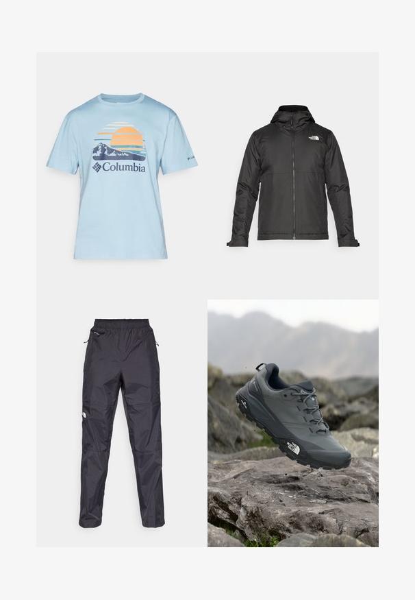 Svart zip-up jakke med hette, laget av glatt materiale. Har et logo på brystet og justerbare mansjetter for en tett passform.; Lyseblå t-skjorte med kort erm som har et grafisk motiv med solnedgang, fjell, og Columbia-logoen i marineblått nederst.; Svart vanntette bukser laget av lett, teksturert materiale. Har en elastisk midje og glidelåslommer.; Grå terrengløpesko med en teksturert overdel, slitesterk gummisåle og forsterket tåhette. Inkluderer snørebånd og merkevarelogo på siden.