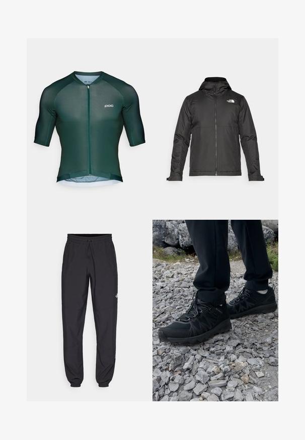 Giacca nera con zip e cappuccio, realizzata in tessuto liscio. Presenta un logo sul petto e polsini regolabili per una vestibilità aderente.; Maglia da ciclismo verde scuro con maniche corte, zip frontale e dettagli logati discreti. Realizzata in materiale leggero e traspirante.; Pantaloni sportivi neri realizzati in tessuto leggero, con vita regolabile con cordino, tasche laterali e orli affusolati alle caviglie.; Scarpe da esterni nere realizzate in mesh e materiale sintetico, con una parte superiore testurizzata, un sistema di allacciatura sicuro e una suola robusta, su terreno roccioso.