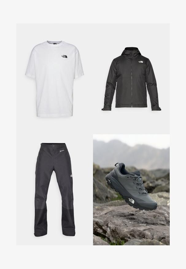 Melna zip-up jakas ar kapuci, izgatavota no gludas auduma. Tajā ir logo uz krūtīm un regulējami aproces, lai nodrošinātu ciešu piegulšanu.; Balts kokvilnas T-krekls ar īsām piedurknēm, apaļu apkakli un mazu melnu logotipu kreisajā krūtīs. Gluda tekstūra, ikdienas piegriezums.; Melni ūdensnecaurlaidīgi bikses ar gludu tekstūru, ar GORE-TEX logo priekšpusē un pastiprinātiem apakšējiem matiņiem izturībai.; Pelēki skrējēju apavi ar teksturētu virsu, izturīgu gumijas zoli un pastiprinātu pirkstu daļu. Iekļauj šņores un zīmola logo sānos.