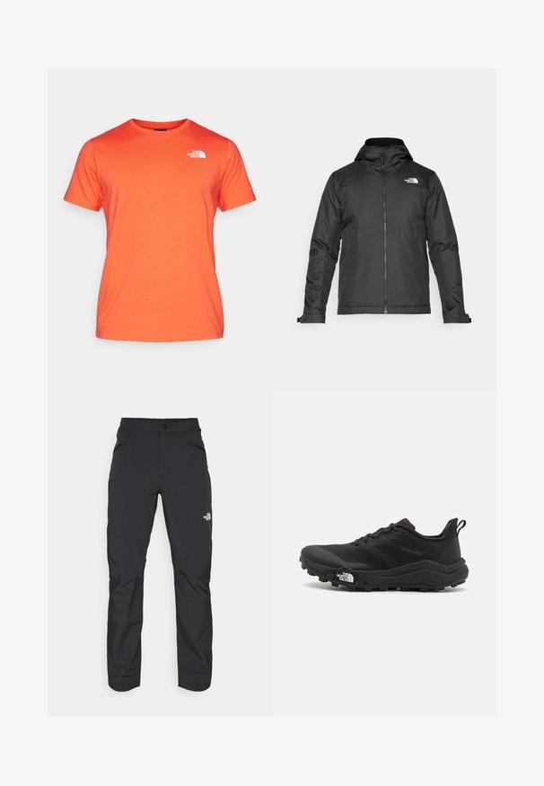 Čierna zipsová bunda s kapucňou, vyrobená z hladkej látky. Má logo na hrudi a nastaviteľné manžety pre tesné obopnutie.; The North Face M SS BOX NSE TEE - Tričko s potlačou - crimson orange/black; Čierne vonkajšie nohavice so zipsovým predným vreckom, vyrobené z syntetického materiálu, zúžené nohy a vy reforcované panely kolien. Obsahujú zapínanie na gombík.; Čierne trailové behacie topánky s štruktúrovaným zvrškom, gumovou podrážkou a vystuženou špičkou. Obsahuje polstrovaný golier a úchyt na jednoduché obúvanie.