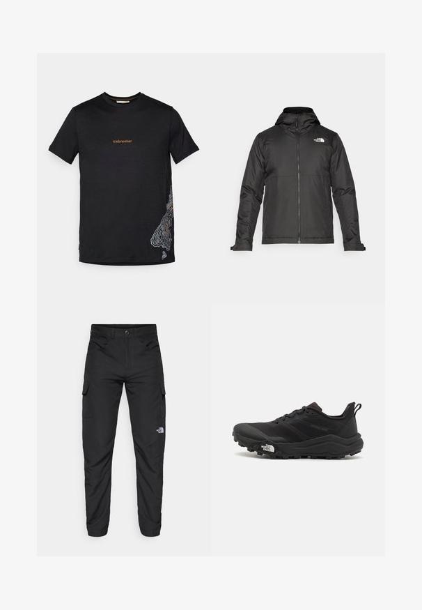 Sort lynlåsjakke med hætte, lavet af glat stof. Har et logo på brystet og justerbare manchetter for en tætsiddende pasform.; Sort kortærmet t-shirt med "icebreaker" tekst i orange på brystet og hvidt topografisk kortdesign på nederste højre side.; The North Face HORIZON PANT - Outdoorbukser - black; Sort trail løbesko med en struktureret overdel, gummisål og forstærket tåhætte. Har en polstret krave og en pull-tab til nem påtagning.