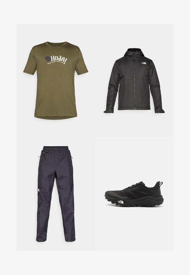 Sort lynlåsjakke med hætte, lavet af glat stof. Har et logo på brystet og justerbare manchetter for en tætsiddende pasform.; Oliven grøn bomulds t-shirt, rund hals, korte ærmer, med hvid og marineblå trykte tekst og et logo på forsiden. Letvægtsstof.; Sorte vandtætte bukser lavet af letvægts, struktureret materiale. Har en elastisk talje og lynlåslommer.; Sort trail løbesko med en struktureret overdel, gummisål og forstærket tåhætte. Har en polstret krave og en pull-tab til nem påtagning.