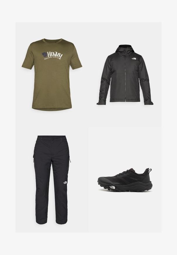Sort lynlåsjakke med hætte, lavet af glat stof. Har et logo på brystet og justerbare manchetter for en tætsiddende pasform.; Oliven grøn bomulds t-shirt, rund hals, korte ærmer, med hvid og marineblå trykte tekst og et logo på forsiden. Letvægtsstof.; The North Face WINTER EXPLORATION TAPERED CARGO - Outdoorbukser - black; Sort trail løbesko med en struktureret overdel, gummisål og forstærket tåhætte. Har en polstret krave og en pull-tab til nem påtagning.