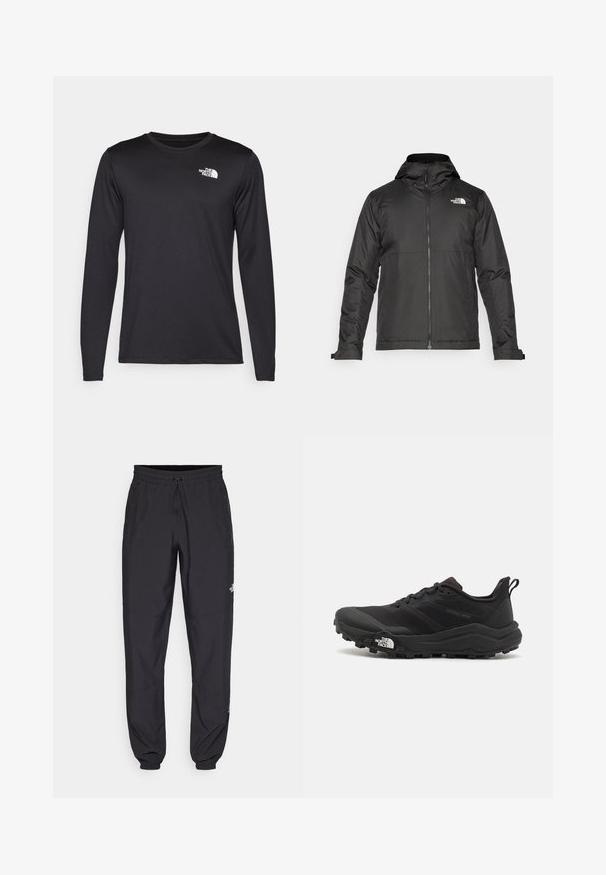 Svart zip-up jakke med hette, laget av glatt materiale. Har et logo på brystet og justerbare mansjetter for en tett passform.; Langermet svart prestasjonstrøye laget av lett stoff, med en hvit logo på øvre venstre bryst. Glatt tekstur.; Sorte idrettsbukser laget av lett stoff, med snor i livet, sidelommer og smale mansjetter ved anklene.; Svart terrengløpesko med teksturert overdel, gummisåle og forsterket tåhette. Har polstret krage og løftestropp for enkel påkledning.