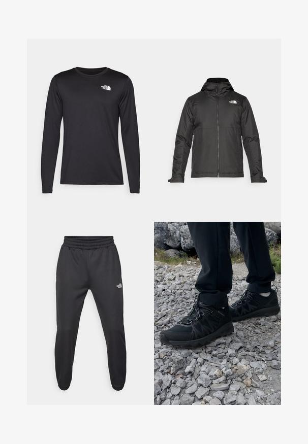 Svart zip-up jakke med hette, laget av glatt materiale. Har et logo på brystet og justerbare mansjetter for en tett passform.; Langermet svart prestasjonstrøye laget av lett stoff, med en hvit logo på øvre venstre bryst. Glatt tekstur.; Sorte joggebukser med snor i livet, tettsittende passform, elastiske mansjetter og en liten hvit logo på venstre lår, laget av glatt materiale.; Sorte utendørssko i svart med mesh og syntetisk materiale, med en teksturert overdel, sikret snøresystem og en robust såle, på steinete terreng.