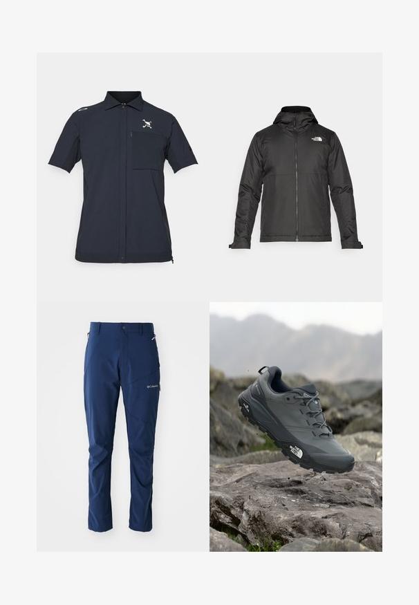Giacca nera con zip e cappuccio, realizzata in tessuto liscio. Presenta un logo sul petto e polsini regolabili per una vestibilità aderente.; Camicia a maniche corte in tessuto blu navy scuro, con tasca frontale con zip, pattina con bottoni e logo ricamato sul petto.; Columbia COLUMBIA TECH™ PANT - Pantaloni outdoor - collegiate navy; Scarpa da trail running grigia con tomaia testurizzata, suola in gomma resistente e punta rinforzata. Presenta lacci e logo del marchio sul lato.