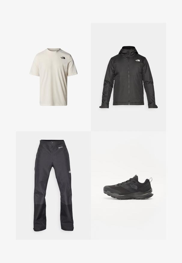 Zwarte zip-up jas met een capuchon, gemaakt van gladde stof. Heeft een logo op de borst en verstelbare manchetten voor een comfortabele pasvorm.; Korte mouwen beige t-shirt gemaakt van katoen, met een ronde halslijn en een klein zwart logo op de bovenste linkerborst. Gladde textuur.; Zwarte waterdichte broek met een gladde textuur, voorzien van een GORE-TEX-logo op de voorkant en verstevigde onderbenen voor duurzaamheid.; Zwarte sportieve sneaker met een bovenkant van mesh, rubberen zool en een zachte kraag. Voorzien van veters, een logo op de zijkant en een gestructureerd ontwerp.