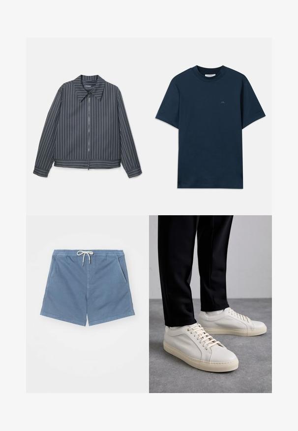 Tamno siva jakna s patentnim zatvaračem, bijelim vertikalnim prugama, šiljastim ovratnikom i dugim rukavima. Glatka tkanina s blagim sjajnim završetkom.; Tamna plava pamučna majica s okruglim izrezom, kratkim rukavima i suptilnim logotipom otisnutim na prsima. Glatka tekstura i klasičan kroj.; NN.07 GREGOR - Kratke hlače - blue; Svijetlosmeđi kožni tenisice s ravnim vezicama, teksturiranom površinom i kontrastnom kremasto bijelom gumom potplatom, uparene s crnim suženim hlačama.