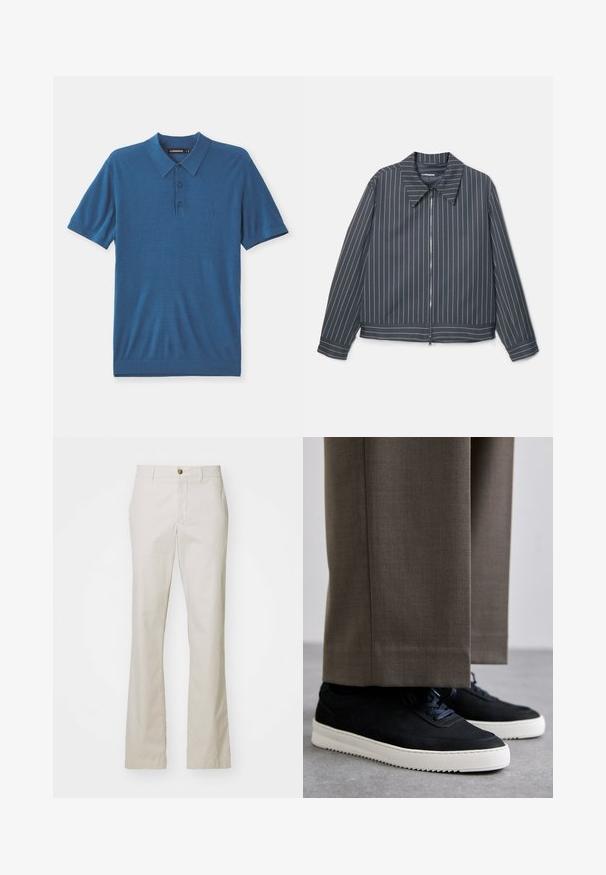 Mørkegrå zip-jakke med hvite vertikale striper, spiss krage og lange ermer. Glatt stoff med en lett blank finish.; Blå polo t-skjorte i myk stoff, med krage, tre-knappslukking og korte ermer. Subtil logo-detalj på brystet.; J.LINDEBERG LOIS CLOUD PANTS - Bukse - moonbeam; Svarte suedeglans sneakers med hvite gummisåler, med rund tå og lisser, iført grå skreddersydde bukser.