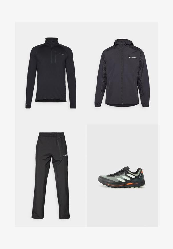 Svart Terrex-jakke med hette, glidelås og mønstrede ermer. Laget av lett materiale med elastiske mansjetter og rett snitt.; Svart langermet genser med kvart glidelås i strukturert stoff, med høy krage og en liten logo på brystet.; Svarte vanntette bukser laget av lettvektstoff, med elastisk midje og sidelomme med glidelås. Enkel, skreddersydd design.; Lettvekt løpesko for terrengløp med et grått og svart mesh-overdel, oransje detaljer og en robust såle for godt grep. Vanntett Gore-Tex fôr.