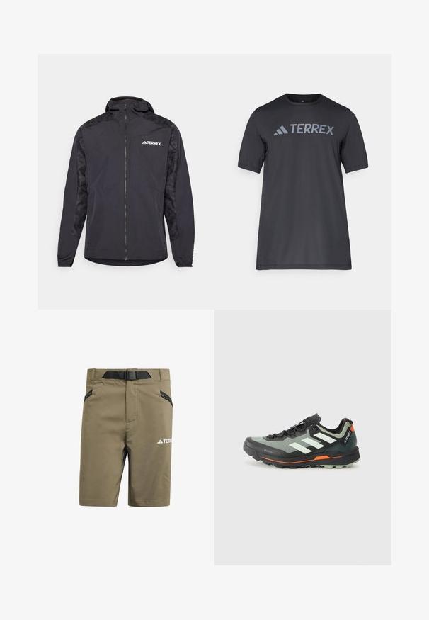 Svart Terrex-jakke med hette, glidelås og mønstrede ermer. Laget av lett materiale med elastiske mansjetter og rett snitt.; Svart t-skjorte med kort erm laget av lett stoff, med en lys grå "TERREX" logo på tvers av brystet og rund hals.; Khaki shorts laget av et glatt, pustende stoff. Har en svart justerbar midje og glidelåslommer på siden. Inkluderer en hvit logo-detalj.; Lettvekt løpesko for terrengløp med et grått og svart mesh-overdel, oransje detaljer og en robust såle for godt grep. Vanntett Gore-Tex fôr.