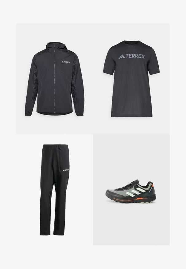 Čierna bunda Terrex s kapucňou, zipsom a vzorovanými rukávmi. Vyrobená z ľahkého materiálu s elastickými manžetami a rovnými okrajmi.; Čierne tričko s krátkym rukávom vyrobené z ľahkého materiálu, s svetlo šedým logom "TERREX" na hrudi a klasickým výstrihom.; Čierne ľahké turistické nohavice s elastickým pásom, bočnou zipsovou vreckom a reflexným detailom loga TERREX. Hladký, vodeodolný materiál.; Ľahká trailová bežecká obuv s šedou a čiernou sieťovinou, oranžovými akcentmi a robustnou podrážkou pre trakciu. Nepremokavé Gore-Tex podšívka.