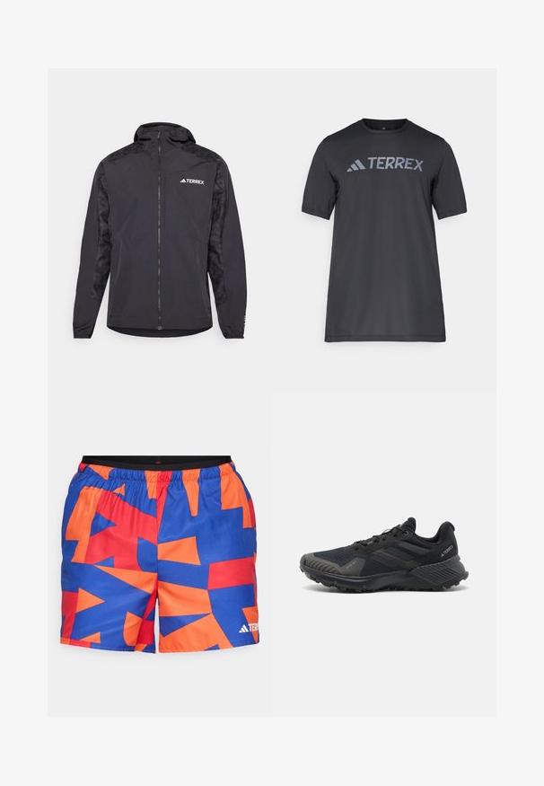 Chaqueta negra Terrex con capucha, cierre de cremallera y mangas con patrón. Fabricada en material ligero con puños elásticos y dobladillo recto.; Camiseta negra de manga corta hecha de un tejido ligero, con un logotipo en gris claro "TERREX" en el pecho y cuello redondo.; Bañador de tela ligera con un patrón geométrico en azul, naranja y rojo, con una cinturilla elástica y detalle del logotipo.; Zapatillas deportivas negras con una parte superior de malla texturizada, suela de goma y notables acentos grises en la puntera y los paneles laterales. Diseño de talón reforzado.