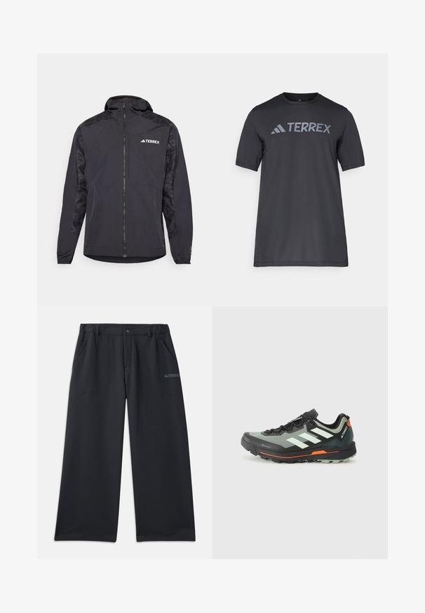 Čierna bunda Terrex s kapucňou, zipsom a vzorovanými rukávmi. Vyrobená z ľahkého materiálu s elastickými manžetami a rovnými okrajmi.; Čierne tričko s krátkym rukávom vyrobené z ľahkého materiálu, s svetlo šedým logom "TERREX" na hrudi a klasickým výstrihom.; Čierne vonkajšie nohavice s voľným strihom, vybavené dvoma bočnými vreckami a zapínaním na gombík. Vyrobené z odolného, ľahkého materiálu.; Ľahká trailová bežecká obuv s šedou a čiernou sieťovinou, oranžovými akcentmi a robustnou podrážkou pre trakciu. Nepremokavé Gore-Tex podšívka.