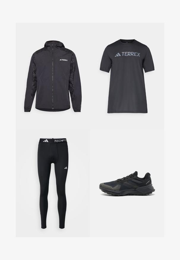 Czarna kurtka Terrex z kapturem, zapinana na zamek, z wzorzystymi rękawami. Wykonana z lekkiego materiału, z elastycznymi mankietami i prostym dołem.; Czarny t-shirt z krótkim rękawem wykonany z lekkiego materiału, z jasnoszarym logo "TERREX" na piersi oraz okrągłym dekoltem.; Czarne legginsy sportowe, dopasowany krój, wykonane z gładkiego, elastycznego materiału. Posiadają elastyczny pas z napisem "TECHFIT" oraz białymi akcentami logo.; Czarne buty sportowe z teksturowaną siateczką, gumową podeszwą i zauważalnymi szarymi akcentami na palcach i bocznych panelach. Wzmocniony design pięty.