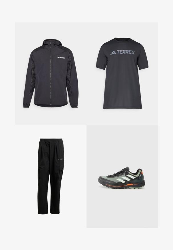 Čierna bunda Terrex s kapucňou, zipsom a vzorovanými rukávmi. Vyrobená z ľahkého materiálu s elastickými manžetami a rovnými okrajmi.; Čierne tričko s krátkym rukávom vyrobené z ľahkého materiálu, s svetlo šedým logom "TERREX" na hrudi a klasickým výstrihom.; Čierne cargo nohavice vyrobené z ľahkého materiálu, s elastickým pásom, bočnými vreckami a nenápadným logom na stehne.; Ľahká trailová bežecká obuv s šedou a čiernou sieťovinou, oranžovými akcentmi a robustnou podrážkou pre trakciu. Nepremokavé Gore-Tex podšívka.
