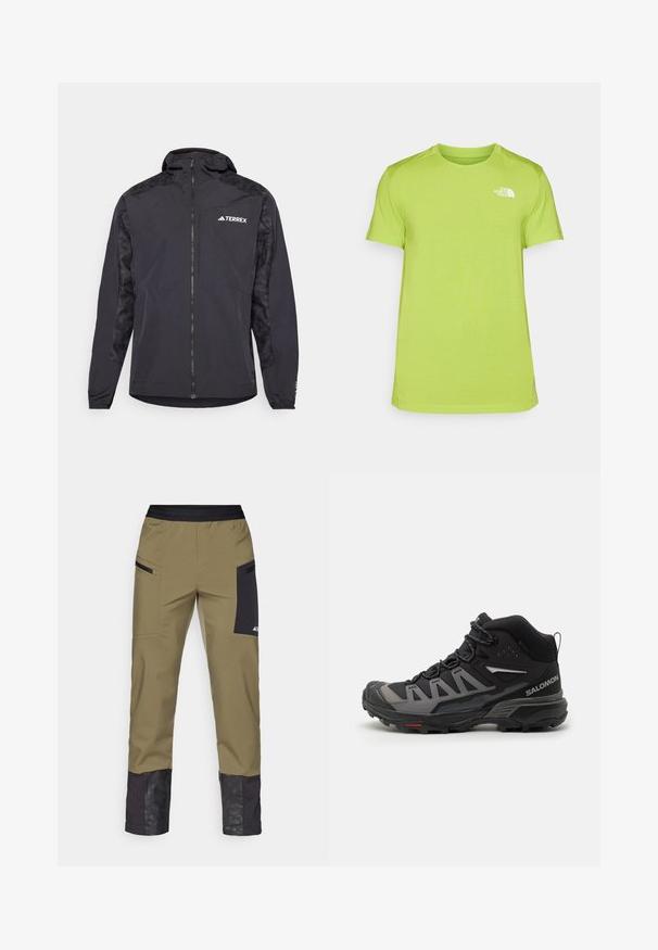 Fekete Terrex dzseki kapucnival, cipzáras záródással és mintás ujjakra. Könnyű anyagból készült, elasztikus mandzsettákkal és egyenes aljjal.; Lime zöld, rövid ujjú póló, nedvességelvezető anyagból készült, bal mellrészen egy kis fehér logóval és kerek nyakkivágással.; adidas Terrex XPERIOR FAST PANTS - Szabadtéri nadrágok - olive strata; Fekete és szürke középmagas túracipő, texturált felsőrésszel, megerősített orr résszel, fűzőrendszerrel és tapadásra tervezett strapabíró talppal.