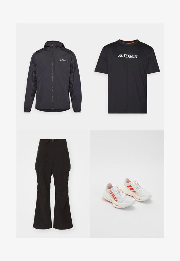 Czarna kurtka Terrex z kapturem, zapinana na zamek, z wzorzystymi rękawami. Wykonana z lekkiego materiału, z elastycznymi mankietami i prostym dołem.; Czarna koszulka z krótkim rękawem, wykonana z miękkiego materiału, z okrągłym dekoltem i białym logo "TERREX" na piersi.; Czarne spodnie cargo z dopasowanym pasem, regulowanym paskiem oraz licznymi kieszeniami na zamek i z klapami. Posiadają wzmocnione łatki na kolanach.; Białe buty sportowe z pomarańczowymi akcentami, z logo "TERREX", siateczkową górą, amortyzowaną podeszwą i teksturowaną gumową podeszwą.