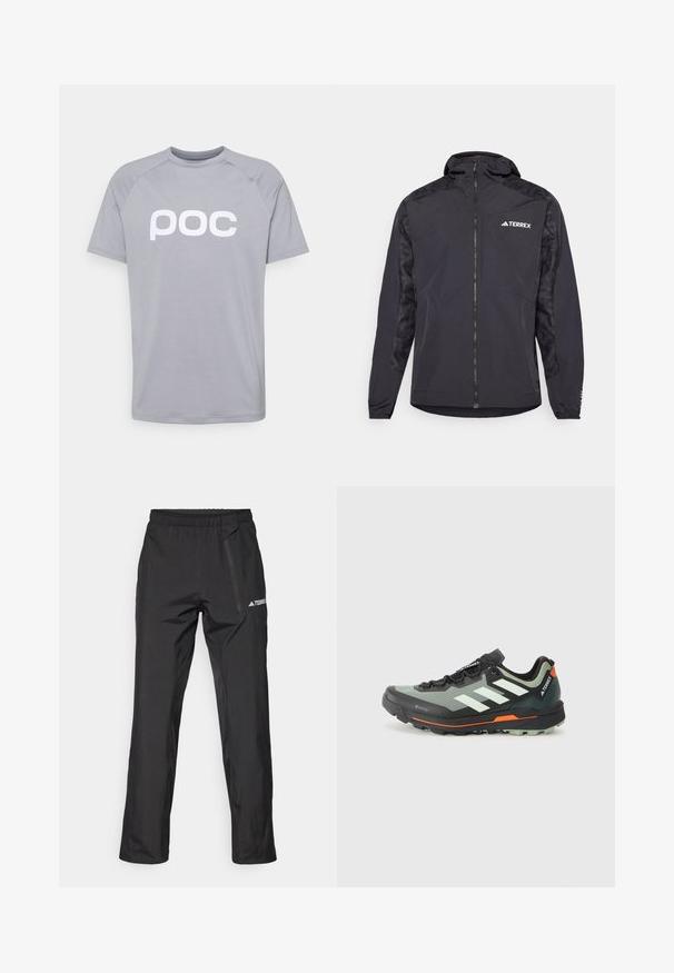 Fekete Terrex dzseki kapucnival, cipzáras záródással és mintás ujjakra. Könnyű anyagból készült, elasztikus mandzsettákkal és egyenes aljjal.; Szürke, rövid ujjú póló sima anyagból, környakú és raglán ujjakkal. Az elején egy nagy fehér "poc" logó található.; Fekete könnyű szabású terepi nadrág elasztikus derékpánttal, cipzáras zsebekkel és nyomott logóval. Sima textúra és egyenes szárú szabás.; Könnyű terepfutó cipő szürke és fekete hálós felsőrésszel, narancssárga elemekkel és barázdált talppal a tapadásért. Vízálló Gore-Tex bélés.