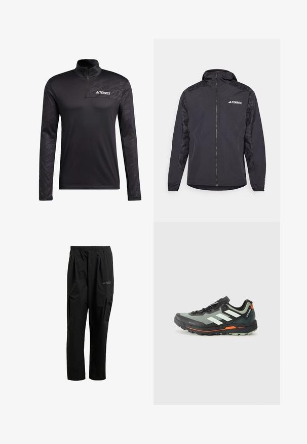 Giacca Terrex nera con cappuccio, chiusura con zip e maniche decorate. Realizzata in materiale leggero con polsini elasticizzati e orlo dritto.; adidas Terrex TERREX MULTI HALF ZIP LONGSLEEVE TEE - Maglietta a manica lunga - black; Pantaloni cargo neri realizzati in materiale leggero, dotati di una cintura elastica, tasche laterali e un logo discreto sulla coscia.; Scarpa leggera da trail running con tomaia in mesh grigia e nera, dettagli arancioni e suola robusta per la trazione. Rivestimento impermeabile in Gore-Tex.
