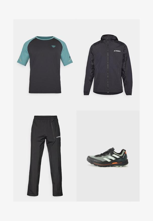 Schwarze Terrex-Jacke mit Kapuze, Reißverschluss und gemusterten Ärmeln. Hergestellt aus leichtem Material mit elastischen Bündchen und geradem Saum.; Schwarzes T-Shirt mit kurzen Ärmeln und hellblauen Akzenten. Merkmale sind ein Rundhalsausschnitt, Raglanärmel und ein Logo auf der Brust. Glatte Textur.; Schwarze, leichte Outdoor-Hose mit elastischem Bund, Reißverschlusstaschen und gedrucktem Logo. Glatte Textur und gerade Beinführung.; Leichtgewichtiger Trailrunning-Schuh mit einem grauen und schwarzen Mesh-Obermaterial, orangefarbenen Akzenten und einer robusten Außensohle für besseren Halt. Wasserdichte Gore-Tex-Beschichtung.