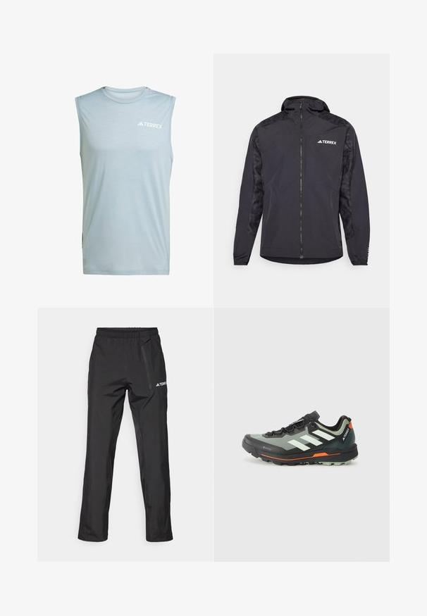 Must teravõõr, millel on kapuuts, tõmblukk ja mustrilised varrukad. Valmistatud kerge materjali, elastsete mansettide ja sirge allääriga.; Heleda sinine ilma varrukateta sportlik särk, mis on valmistatud kerge kangaga, featuring ümmargune kaelus ja valge "TERREX" logo ees.; Mustad vettpüsivad püksid, mis on valmistatud kergest kangast, elastse vöökoha ja külgsliku taskuga. Lihtne, kohandatud disain.; Kerge jalgsimatka jooksujalats halli ja mustavõrguga ülemise osaga, oranžide aktsentidega ning robustse väljastuse haardeks. Veekindel Gore-Tex vooder.
