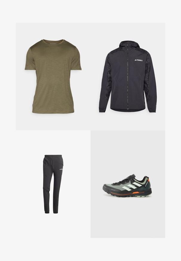 Jacket preta Terrex com capuz, fecho de correr e mangas estampadas. Feita de material leve com punhos elásticos e barra reta.; T-shirt de manga curta em mistura de algodão verde-oliva, com decote redondo, textura subtil e uma pequena etiqueta de logótipo na bainha.; Pantalones atléticos pretos feitos de tecido leve, com um cós elástico, bolsos laterais, pernas ajustadas e um detalhe de logotipo.; Sapatilha de trail running leve com parte superior em malha cinza e preta, detalhes em laranja e uma sola robusta para tração. Forro impermeável em Gore-Tex.