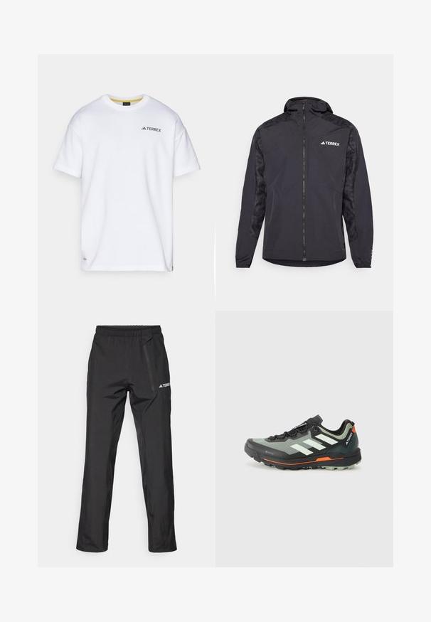 Črna Terrex jakna s kapuco, zadrgo in vzorčastimi rokavi. Narejena iz lahkega materiala z elastičnimi manšetami in ravnim robom.; Bela kratka majica s kratkimi rokavi iz bombaža. Ima črn logotip "TERREX" na zgornjem levem prsnem predelu in rumen notranji ovratnik.; Črne lahke pohodne hlače z elastičnim pasom, žepki z zadrgo in natisnjenim logotipom. Gladek tekstura in ravno krojene hlače.; Lahka tekaška čevlja za trail s sivim in črnim mrežastim zgornjim delom, oranžnimi poudarki in robustnim podplatom za oprijem. Vodoodporna Gore-Tex podloga.