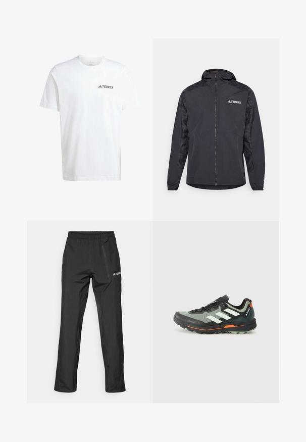 Black Terrex jacket featuring a hood, zip closure, and patterned sleeves. Made of lightweight material with elastic cuffs and a straight hem.; White cotton t-shirt with short sleeves, featuring a small black "TERREX" logo on the left chest area. Classic crew neck design.; Black lightweight outdoor pants with an elastic waistband, zipper pockets, and a printed logo. Smooth texture and straight-leg cut.; Lightweight trail running shoe with a gray and black mesh upper, orange accents, and a rugged outsole for traction. Waterproof Gore-Tex lining.