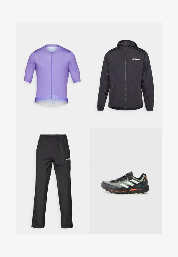 Veste Terrex noire avec capuche, fermeture éclair et manches à motifs. Fabriquée en matériau léger avec des poignets élastiques et un ourlet droit.; Maillot de cyclisme court à manches courtes violet avec fermeture éclair sur le devant, texture lisse et design ajusté. Tissu léger avec un ourlet arrondi.; Pantalon de plein air léger noir avec taille élastique, poches zippées et logo imprimé. Texture lisse et coupe droite.; Chaussure de trail légère avec une tige en mesh gris et noir, accents orange et une semelle extérieure robuste pour une bonne traction. Doublure imperméable en Gore-Tex.
