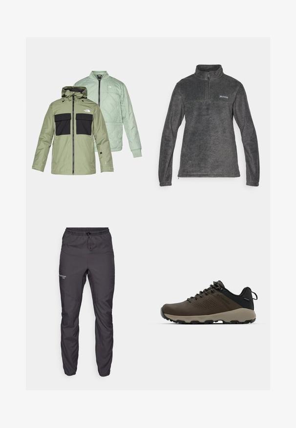 Két egymásra rakott dzseki: egy olíva zöld vízálló dzseki fekete mellzsebekkel és kapucnival, valamint egy világos mentazöld steppelt bomber stílusú dzseki.; Szürke polárpulóver magas nyakkal, félcipzárral elöl és hosszú ujjakkal; a mellkason kis logóval és sima textúrával rendelkezik.; Fekete, könnyű kültéri nadrág vízlepergető anyagból, rugalmas derékrésszel és szűkített bokákkal. Pántos díszítéssel és logóval készült.; Barna vízálló sportcipők texturált felsőrésszel, perforált díszítésekkel, fekete saroktámasszal és szürke gumi talppal. A cipőfűzők fém végződésekkel vannak ellátva.