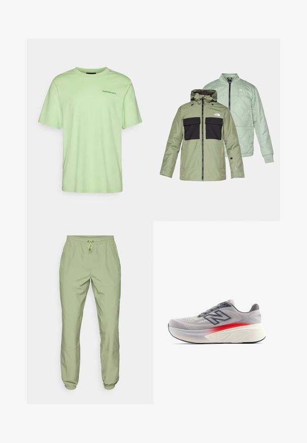 Dvoje prekrývajúcich sa búnd: olivovo zelená nepremokavá bunda s čiernymi náprsníkovými vreckami a kapucňou, a svetlo mätovo zelená prešívaná bombová bunda.; Svetlozelené bavlnené tričko s krátkymi rukávmi, okrúhlym výstrihom a malým zeleným logom na ľavej strane hrude. Mäkká textúra, voľný strih.; Svetlozelené športové nohavice s elastickým pásom, sťahovacou šnúrkou a manžetami na členkoch; majú dve bočné vrecká a hladký povrch.; Svetlošedý atletický topánka s priedušným sieťovinovým zvrškom, kontrastnými červenými akcentmi, polstrovanou podrážkou a zaoblenou špičkou pre podporu.
