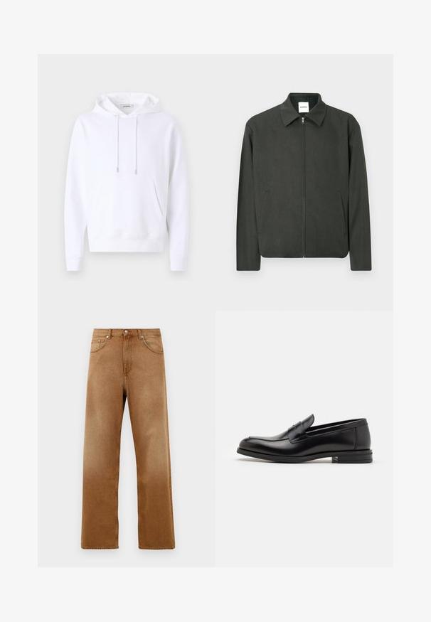 Dunkelgrüne Jacke mit kragenartigem Ausschnitt, Frontreißverschluss und Seitentaschen. Hergestellt aus einem strukturierten Stoff, mit einem einfachen und klaren Design.; Weißer Kapuzenpullover aus weichem Stoff, mit einer vorderen Tasche, elastischen Bündchen und Kordeln mit silbernen Beschlägen.; Weißes Baumwoll-T-Shirt mit rundem Halsausschnitt, kurzen Ärmeln und einem dezenten Logo auf der Vorderseite. Glatte Textur und schlichtes Design.; Braune Denim-Weitbeinjeans mit hoher Taille, ausgestattet mit zwei Vorderaschen, einem Knopfverschluss und subtiler Struktur. Keine sichtbaren Muster oder Akzente.; Schwarze Lederloafers mit glatter Textur, rundem Zehenbereich und einem dekorativen Riemen über dem Vorderfuß. Niedriger, gestapelter Absatz, minimalistisches Design.