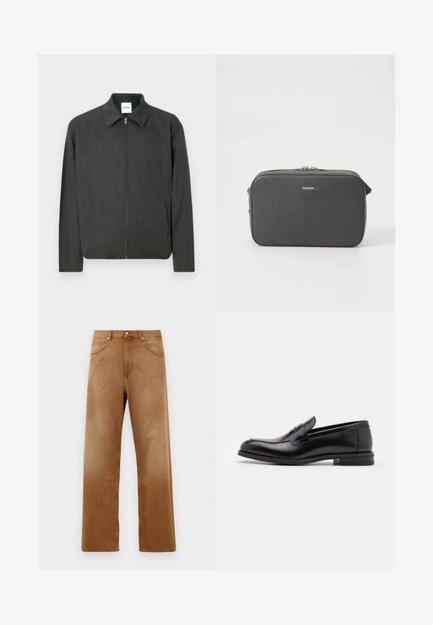Tmavozelená bunda s golierovým výstrihom, predným zipsom a bočnými vreckami. Vyrobená z textúrovaného materiálu, so jednoduchým a čistým dizajnom.; Biela bavlnená tričko s okrúhlym výstrihom, krátkymi rukávmi a jemným logom potlačeným na prednej strane. Hladká textúra a jednoduchý dizajn.; Hnedé denimové široké nohavice s vysokým pásom, obsahujúce dve predné vrecká, zapínanie na gombík a jemnú textúru. Žiadne viditeľné vzory ani akcenty.; Čierne kožené mokasíny s hladkou textúrou, zaoblenou špičkou a dekoračným pásikom cez priehlavok. Nízky vrstvený opätok, minimalistický dizajn.; Čierna textúrovaná obdĺžniková kabelka cez telo so strieborným dvojitým zipsom a malým logom "Sandro" umiestneným na prednej strane.