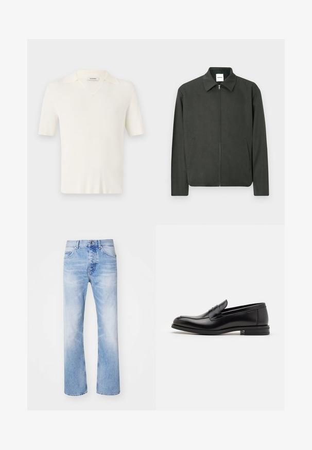 Dunkelgrüne Jacke mit kragenartigem Ausschnitt, Frontreißverschluss und Seitentaschen. Hergestellt aus einem strukturierten Stoff, mit einem einfachen und klaren Design.; Kurzarmpullover mit V-Ausschnitt in Creme, mit geripptem Textur, weichem Kragen-Design und taillierter Form.; Hellblaue Denim-Jeans mit geradem Bein, im klassischen Fünf-Taschen-Design und einem dezenten Ausbleichmuster.; Schwarze Lederloafers mit glatter Textur, rundem Zehenbereich und einem dekorativen Riemen über dem Vorderfuß. Niedriger, gestapelter Absatz, minimalistisches Design.
