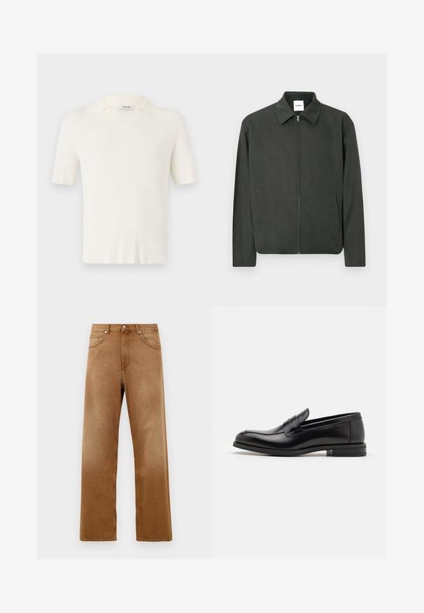Chaqueta verde oscuro con cuello con solapa, cremallera frontal y bolsillos laterales. Hecha de un tejido texturizado, presenta un diseño sencillo y limpio.; Sweater de manga corta y escote en V en color crema, que presenta una textura acanalada, un diseño de cuello suave y una forma ajustada.; Jeans de mezclilla marrón de corte ancho con una cintura alta, que cuentan con dos bolsillos delanteros, un cierre de botón y una textura sutil. Sin patrones o acentos visibles.; Mocasines de cuero negro con una textura suave, puntera redondeada y una tira decorativa en el empeine. Tacón bajo apilado, diseño minimalista.