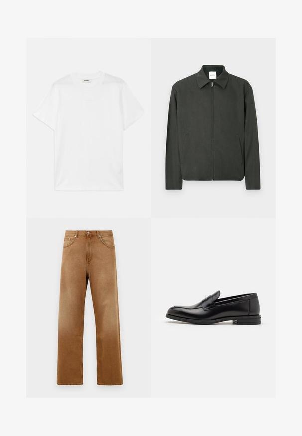 Donkergroene jas met een kraag, ritssluiting aan de voorkant en zijzakken. Gemaakt van een gestructureerde stof en heeft een eenvoudig en strak ontwerp.; Witte katoenen t-shirt met een ronde hals, korte mouwen en een subtiele logo-print op de voorkant. Glad textuur en eenvoudig ontwerp.; Bruine denim wijde pijpenjeans met een hoge taille, voorzien van twee voorkruipzakken, een knoopsluiting en subtiele textuur. Geen zichtbare patronen of accenten.; Zwarte leren instappers met een gladde textuur, ronde neus en een decoratieve band over de wreef. Lage, gestapelde hak en minimalistisch ontwerp.