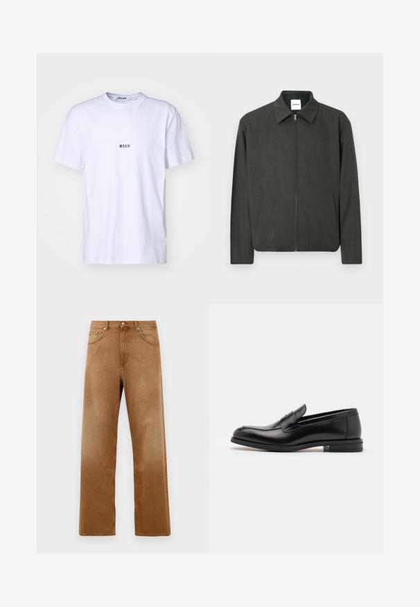 Tmavě zelená bunda s límcem, předním zipem a bočními kapsami. Vyrobena z texturované látky, s jednoduchým a čistým designem.; Bílá bavlněná tričko s kulatým výstřihem, krátkými rukávy a malým černým logem "MSGM" potištěným na přední straně. Hladká textura.; Hnědé denimové kalhoty širokého střihu s vysokým pasem, obsahující dvě přední kapsy, zapínání na knoflík a jemnou texturu. Žádné viditelné vzory nebo akcenty.; Černé kožené polobotky s hladkou texturou, zaoblenou špičkou a zdobným páskem přes nárt. Nízký stohovaný podpatek, minimalistický design.