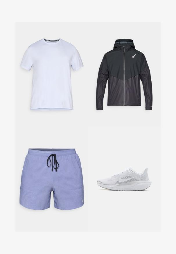 Fekete sportos dzseki cipzáros elülső résszel, kapucnival és kéttónusú dizájnnal. A bal felső mellkason fehér logó található, valamint textúrált anyagból készült.; Fehér sportpóló rövid ujjakkal, kerek nyakkal és sima, könnyű anyaggal. Diszkrét logóval a mellkason.; Lila Nike futónadrág perforált dizájnnal, rugalmas derékpánttal, állítható fekete zsinórral, és egy kis fehér logóval az oldalon.; Fehér sportcipő, hálós felsőrésszel, sima textúrájú díszítőelemekkel, szürke akcentusokkal, fűzőkkel, és párnázott talppal, amely a teljesítmény érdekében készült.