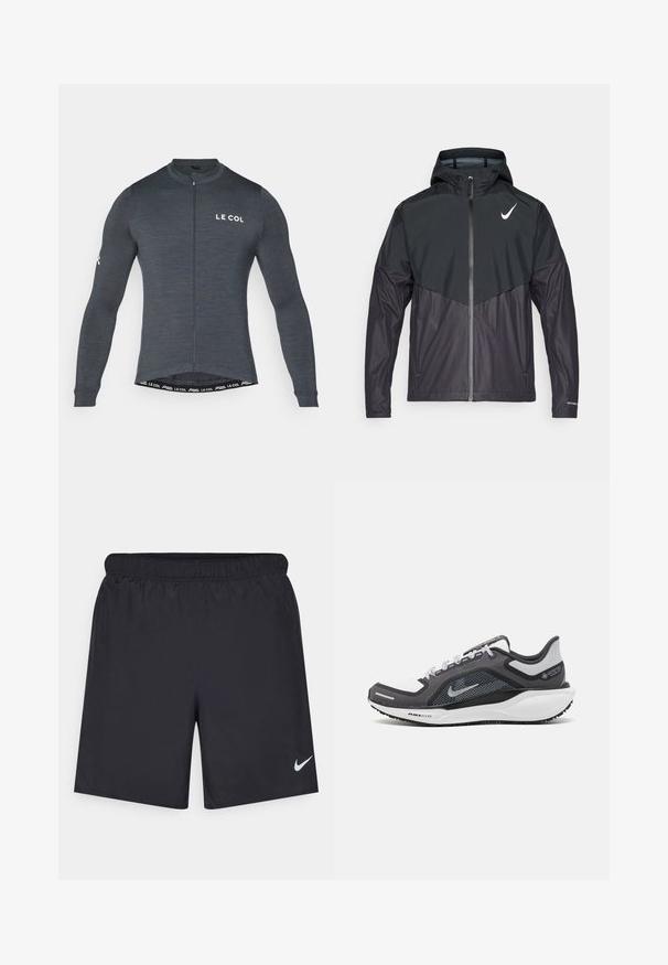 Chaqueta deportiva negra con cierre frontal, capucha y diseño bicolor. Presenta un logo blanco en la parte superior del lado izquierdo del pecho y una tela texturizada.; Maillot de ciclismo de manga larga en tejido gris oscuro, con cremallera frontal y logo blanco "LE COL" en el pecho y la manga. Diseño ceñido y elástico.; Pantalones cortos deportivos negros hechos de un material ligero con una cintura elástica. Presenta un pequeño logo blanco de Nike en la parte inferior izquierda.; Zapatilla deportiva negro y gris con parte superior de malla, acentos reflectantes y una entresuela blanca. Presenta una suela de goma texturizada y cordones.