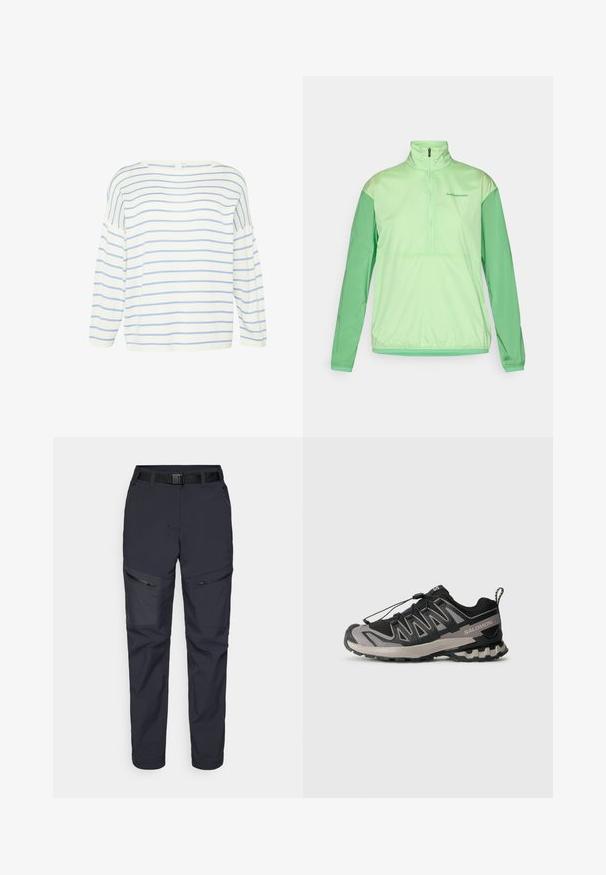 Giacca verde chiaro con zip a metà e maniche lunghe. Realizzata in tessuto leggero e liscio. Presenta maniche di un verde più scuro a contrasto e polsini elastici.; Maglietta bianca a maniche lunghe con righe orizzontali blu. Presenta un ampio scollo e una vestibilità ampia, realizzata in un tessuto morbido con una texture liscia.; Pantaloni outdoor della marina realizzati in materiale sintetico, dotati di tasche con cerniera, cintura e design a gamba affusolata. Texture liscia con accenti minimi.; Scarpa sportiva nera e grigia con tomaia in rete, suola in gomma e sistema di lacci elastici. Presenta una punta rinforzata e dettagli testurizzati.