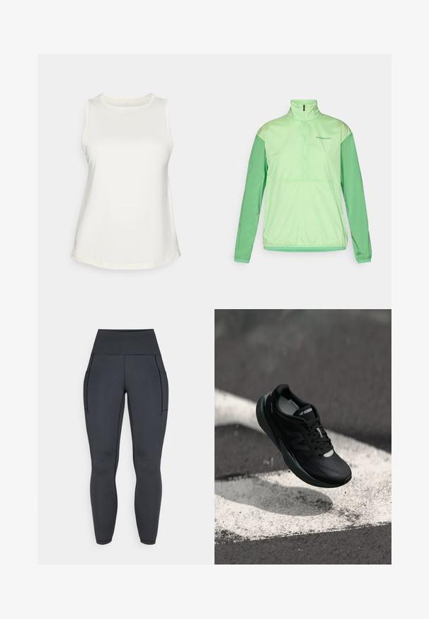 Svetlozelena jakna s polovičnim zadrgo in dolgimi rokavi. Narejena iz gladkega, lahkega materiala. Ima kontrastne temnejše zelene rokave in elastične manšete.; Bela brezrokavnica iz gladkega materiala, z okroglim izrezom in ukrivljenim robom. Preprost dizajn brez vzorcev ali okrasnih elementov.; Visokotedanjske črne legice iz raztegljivega, gladkega materiala. Imajo dve stranski žepki in kontrastno šivanje po šivih.; Črne tekaške čevlje z teksturirano zgornjim delom, eleganten dizajn in odsevne detajle. Imajo mehak, oblazinjen podplat za udobje.