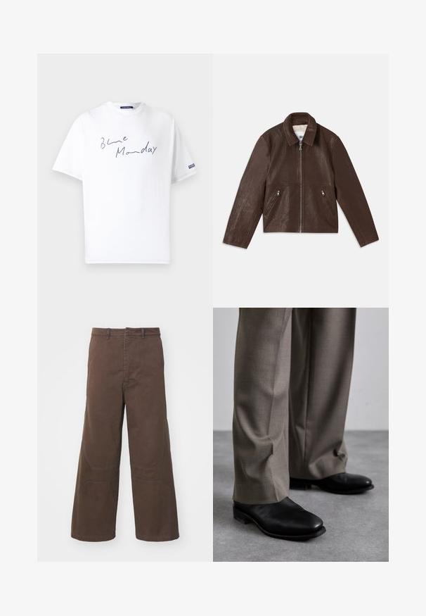 Hnedá kožená bunda s textúrovaným povrchom, zapínanie na zips a dve bočné vrecká. Obsahuje klasický golier a priamy strih.; Biela bavlnená tričko s voľným strihom, s modrým ručne písaným textom "Blue Monday" na prednej strane a logom na rukáve.; Hnedé nohavice s širokými nohavicami vyrobené z odolnej bavlny. Obsahujú predné našité vrecká a zosilnené detaily na kolenách pre zvýšenú funkcionalitu.; Čierne kožené topánky s špicatou špičkou, skombinované so šedými, na mieru strihanými nohavicami. Topánky majú nízky podpätok a hladkú textúru.