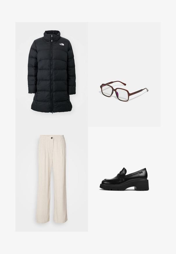 Melna pūķa jaka ar augstu apkakli, rāvējslēdzēja priekšpusi un vertikālām šuvēm, ar logotipu kreisajā krūtī. Vidēja garuma dizains.; Melnā augsta apkakle džemperis, kas izgatavots no viegla adīšanas auduma. Tam ir garas piedurknes, pieguļoša silueta un mīksta ribota tekstūra.; Gai beige platas kājas bikses ar vertikālām svītrām, elastīgu jostasvietu un pogu aizdari. Izgatavotas no teksturēta auduma, kas nodrošina brīvu un ērtu piegriezumu.; Melnas ādas chunky papēža loafers ar biezu zoli un siksniņas detaļu pāri augšai, attēlots no sāna uz baltas fona.; Brūnas, taisnstūra formas brillēs ar caurspīdīgām lēcām un purpura nokrāsām. Gluda plastmasas apdare ar taisnām tempļiem un smalkiem akcentiem.