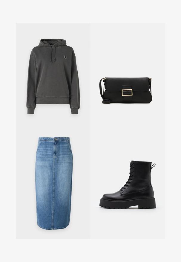 Zwarte pufferjas met een hoge kraag, ritssluiting aan de voorkant en gestikte horizontale naden, met een logo op de linkerkant van de borst. Middellange ontwerp.; Carhartt WIP HOODED NELSON - Hoodie - graphite; Lichtblauwe denim kokerrok met een rechte snit, voor sluiting met knopen en subtiele vervaging. De zoomlijn ligt net boven de knie.; Zwarte leren enkelboots met een ronde neus, vetersluiting aan de voorkant en een dikke rubberen zool met een gestructureerd profiel. Trekbandje aan de achterkant.; Zwarte leren clutch met een klep en een gouden metalen sluiting. Inclusief een zwarte schouderband en een slank, minimalistisch ontwerp.
