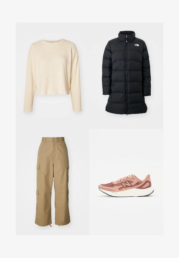 Black puffer coat with a high collar, zippered front, and stitched horizontal seams, featuring a logo on the left chest. Mid-length design.; Cream-colored cropped sweater with long sleeves, made of textured fabric. Features a small, subtle logo on the chest and a crew neckline.; Beige cargo pants with a high waist, wide legs, and four large side pockets. Made of durable fabric with a smooth texture and minimal detail.; Pink running shoe with a mesh upper, featuring a textured design and brown accents. Lightweight sole with significant cushioning.
