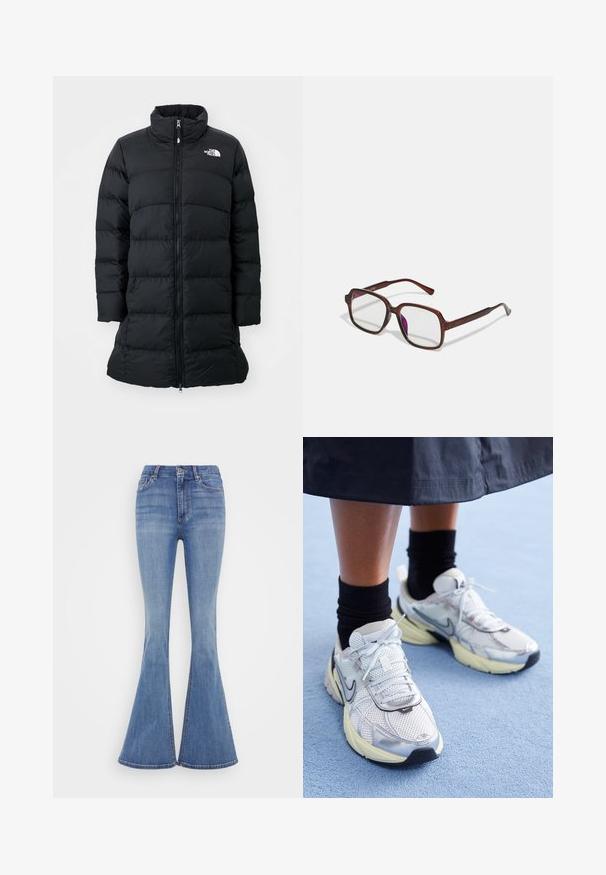 Fekete puffertöltetű kabát magas gallérral, cipzáras elülső résszel és vízszintesen varrt varratokkal, bal oldalon elhelyezett logóval. Közepes hosszúságú kialakítás.; Fehér bordás, hosszú ujjú felső, kerek nyakkivágással. Rugalmas anyagból készült, amely követi a test vonalát. Finom vízszintes csíkokkal díszített.; Világoskék farmeranyagból készült bőrnadrág magas derékkal, elülső zsebekkel és tiszta szegéllyel a bővített alján.; Fehér és ezüst Nike sportcipők hálós anyagból, fényvisszaverő részletekkel és bézs talppal. Fekete zoknival viselve, egy kék felületen állva.; Barna, téglalap alakú szemüveg áttetsző lencsékkel és lila árnyalattal. Simító műanyag keret, egyenes szárakkal és diszkrét díszítésekkel.