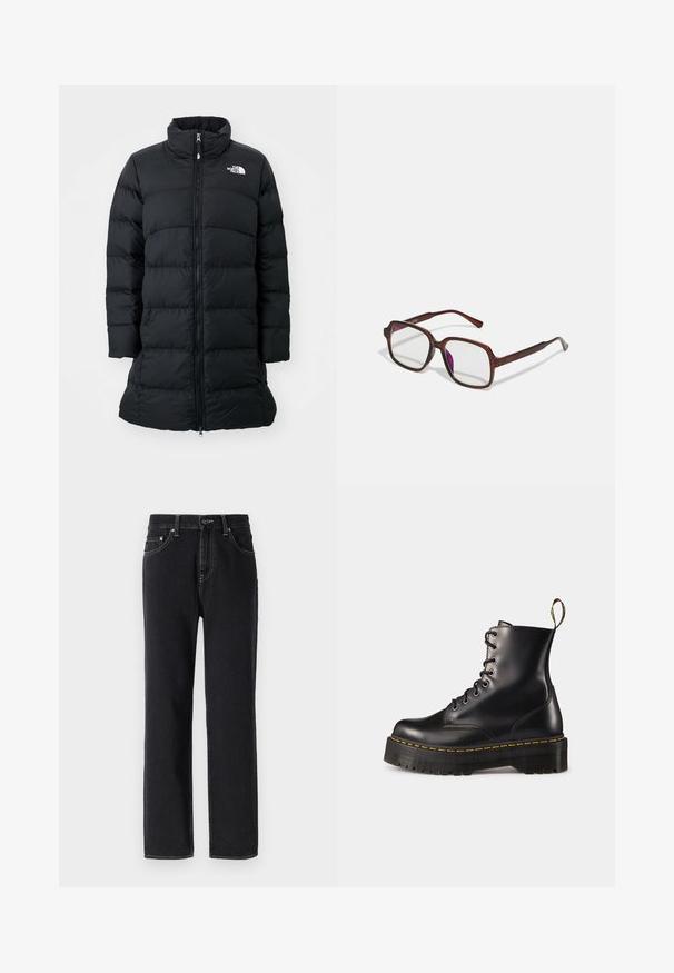 Melna pūķa jaka ar augstu apkakli, rāvējslēdzēja priekšpusi un vertikālām šuvēm, ar logotipu kreisajā krūtī. Vidēja garuma dizains.; Balts ribots garām piedurknēm krekls ar apaļu kakla izgriezumu. Izgatavots no elastīga auduma, kas pieguļ ķermenim. Iezīmējas ar smalkām horizontālām līnijām.; Melni džinsi ar taisnas kājas dizainu, ar redzamām šuvēm, piecām kabatām un priekšējo pogu aizdari.; Melnas ādas lakotās potītes ar masīvu melnu zoli un dzelteno šuvju. Izvērsta cilpa aizmugurē un apaļie metāla acu caurumi.; Brūnas, taisnstūra formas brillēs ar caurspīdīgām lēcām un purpura nokrāsām. Gluda plastmasas apdare ar taisnām tempļiem un smalkiem akcentiem.